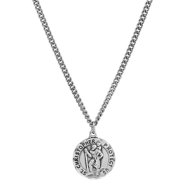 Saint Christopher Round Medal Necklace Solid 925 Sterling Silver With 925 Sterling Silver 24 Inch Chain 